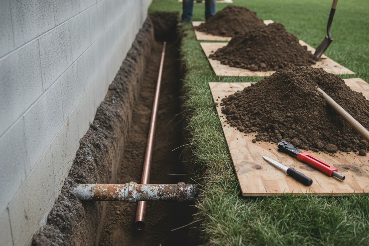 Excavated water line trench during Water Softener Installation in Depue